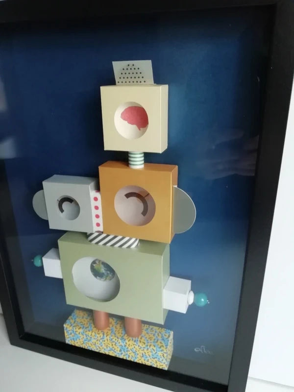 Latéral droit Memphis Robot V2, surréalisme digital et rêves lucides 30x40cm