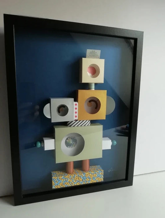 Profil gauche Memphis Robot V2, surréalisme contemporain et imaginaire technologique vibrant