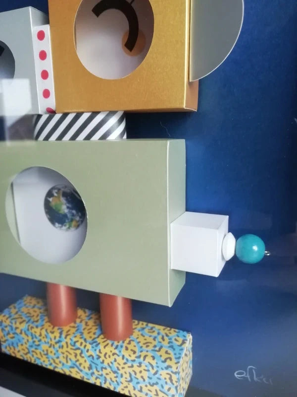 Détail bas droit Memphis Robot V2, fragment rêve technologique et couleurs saturées