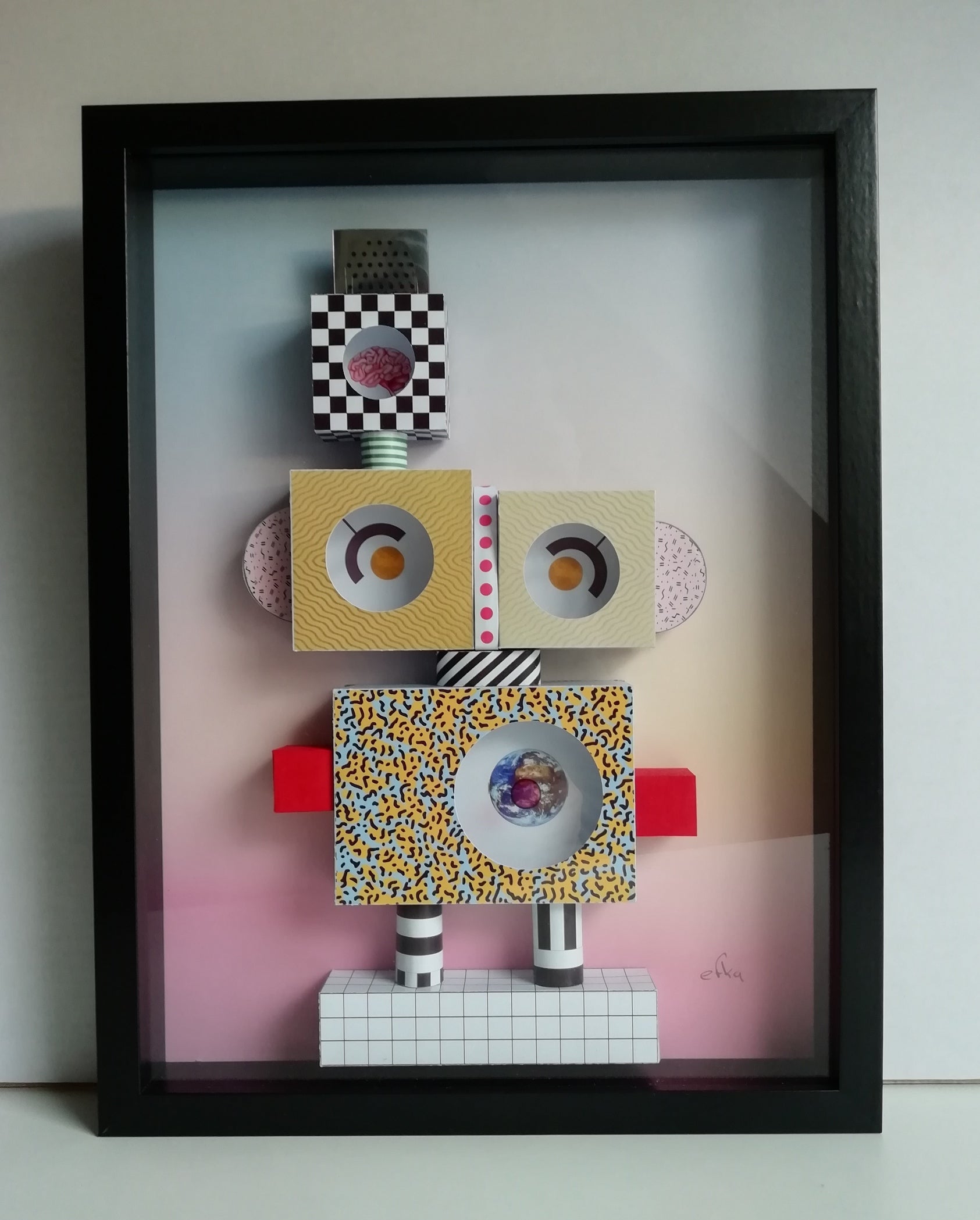 Memphis Robot sculpture papier 3D, art géométrique contemporain aux formes colorées"