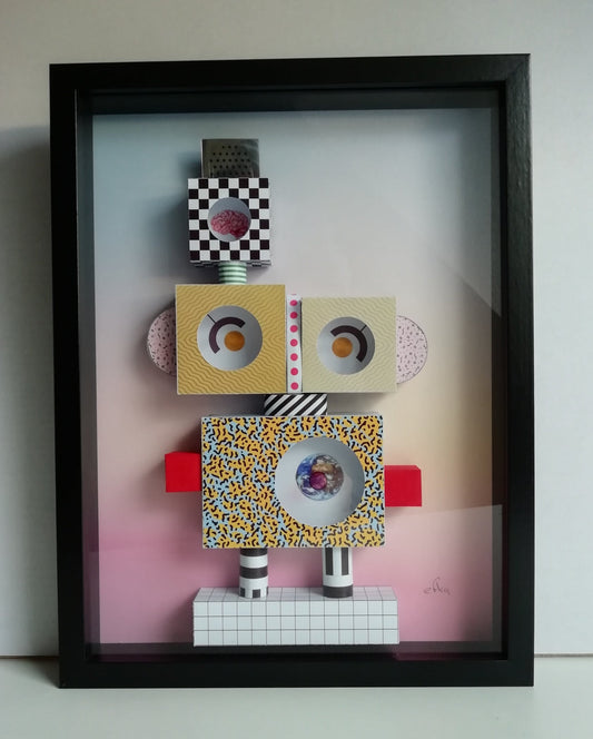 Memphis Robot sculpture papier 3D, art géométrique contemporain aux formes colorées"
