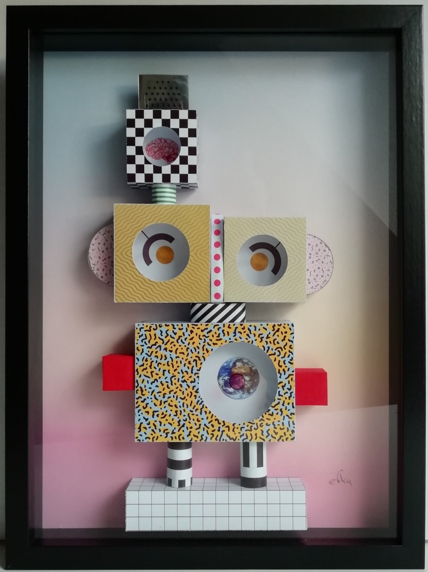 Memphis Robot encadré sous verre, œuvre d'art contemporain 30x40c