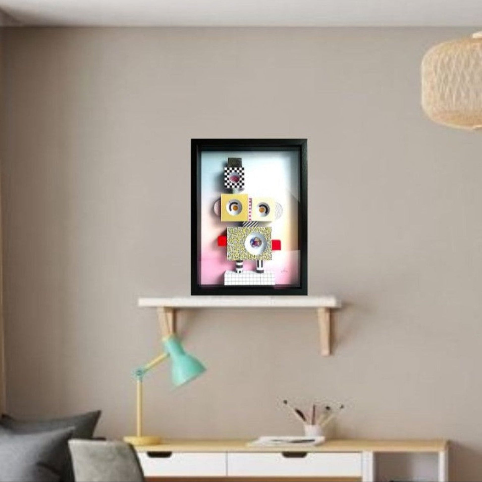 Memphis Robot - sculpture papier 3D géométrique colorée style Memphis design
